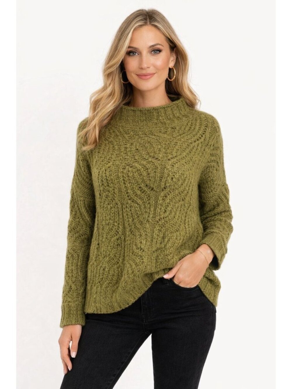 J Crew Mock neck Olive Green Alpaca Cable Knit Long Sleeve Sweater Size M